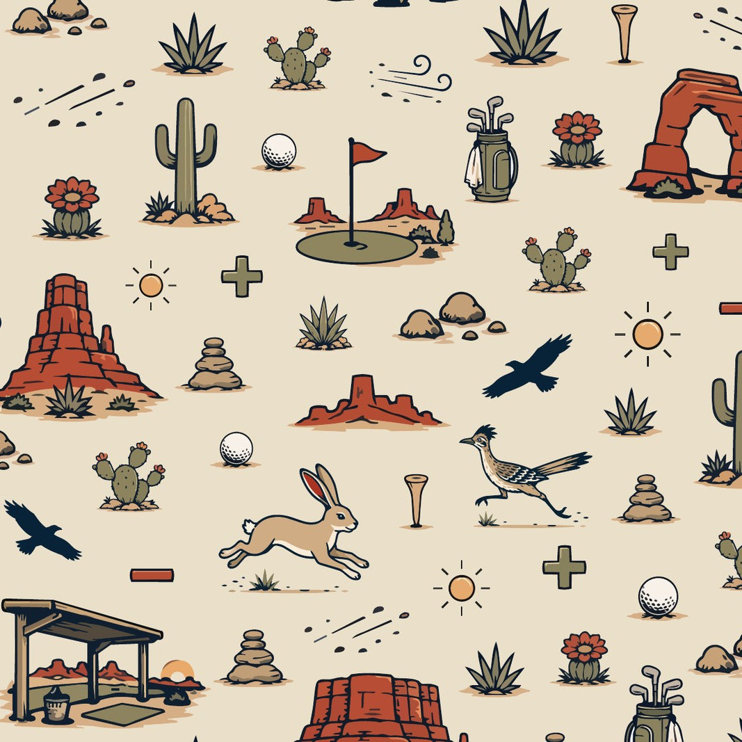 A repeating desert-themed pattern featuring cacti, rock formations, birds, a rabbit, golf clubs and balls, a putting green, and small desert objects on a light beige background.