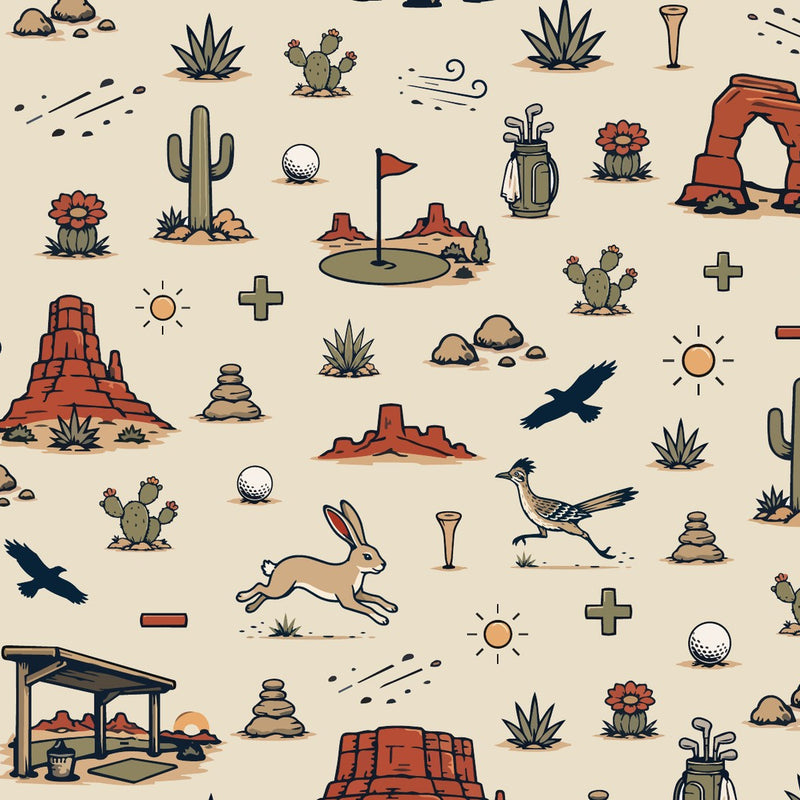 A repeating desert-themed pattern featuring cacti, rock formations, birds, a rabbit, golf clubs and balls, a putting green, and small desert objects on a light beige background.
