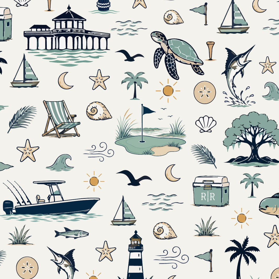 A repeating nautical-themed pattern featuring illustrated turtles, sailboats, lighthouses, palm trees, seashells, fish, flags, waves, and beach accessories on an off-white background.